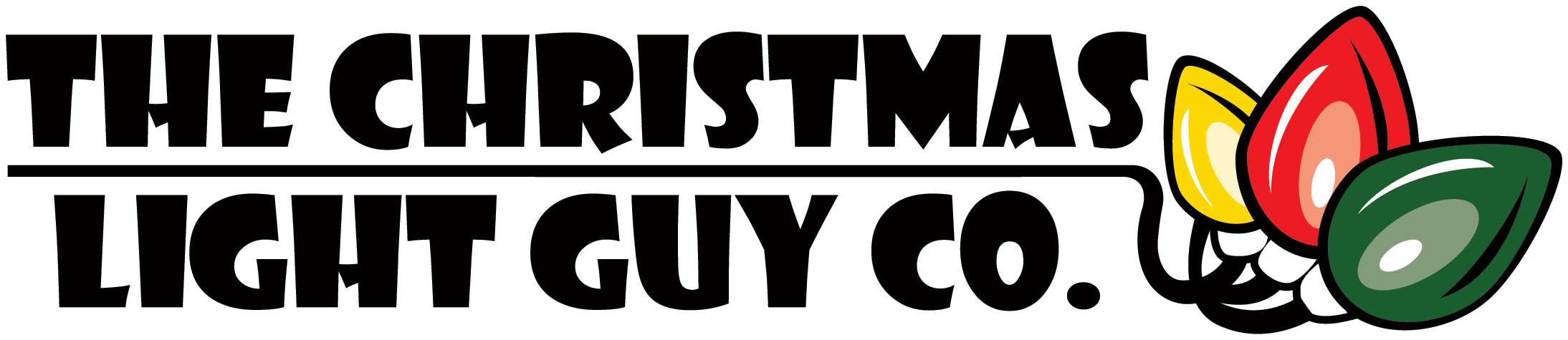 Text of The Christmas Guy Co. Logo
with a solid line that has 3 Christmas lights attached to the right end
